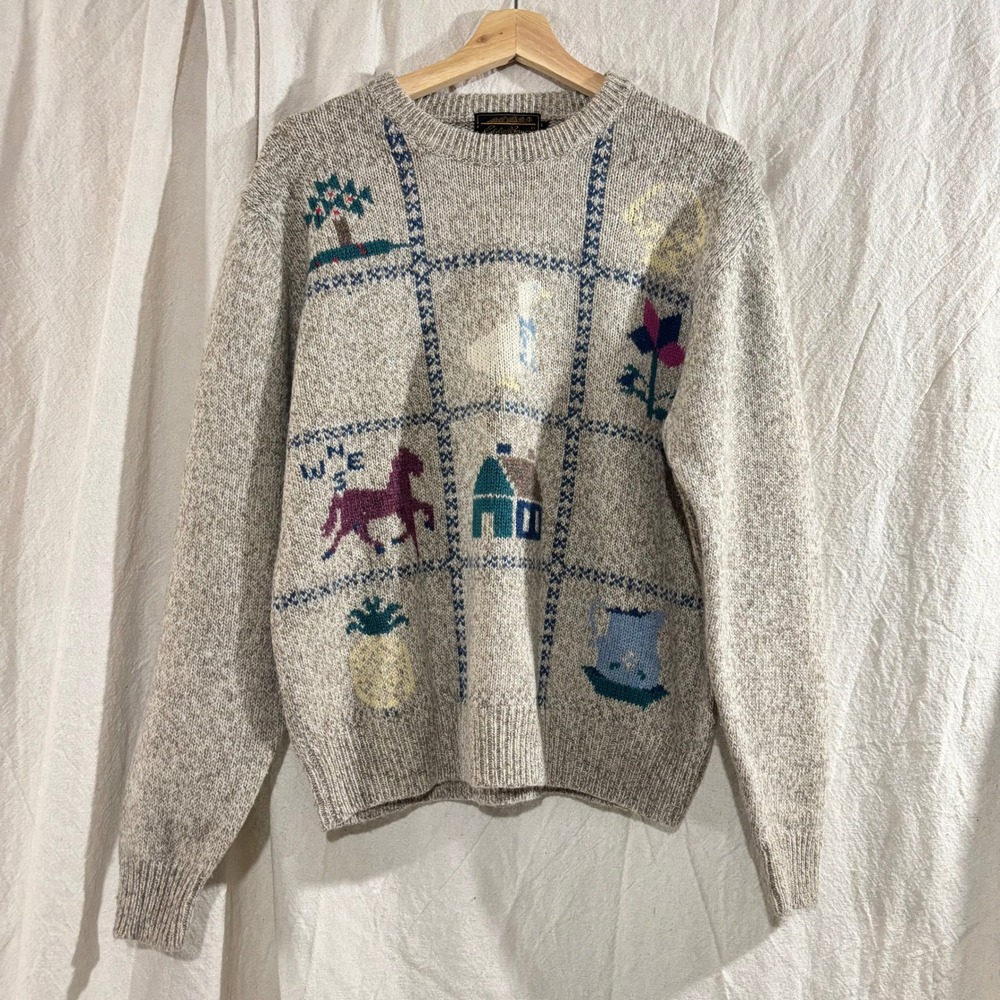 Vtg 1980s Eddie Bauer Folk Art Cottagecore Novelty Wool Blend Sweater Large